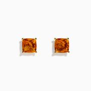 The Sunset 14K Yellow Gold Citrine Stud Earrings feature cushion-cut orange gemstones, displayed on a white background—an elegant choice for any occasion.