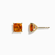 The Sunset 14K Yellow Gold Citrine Stud Earrings feature cushion-cut orange gemstones, displayed on a white background—an elegant choice for any occasion.