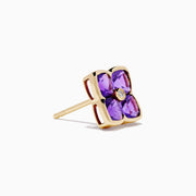 14K Yellow Gold Amethyst and Diamond Earrings featuring four-petaled flower shapes with vivid amethyst petals and a central round diamond, shown on a white background—ideal as elegant statement earrings.