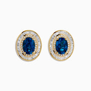 14K Yellow Gold Blue Topaz and Diamond Double Halo Stud Earrings