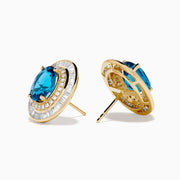 14K Yellow Gold Blue Topaz and Diamond Double Halo Stud Earrings