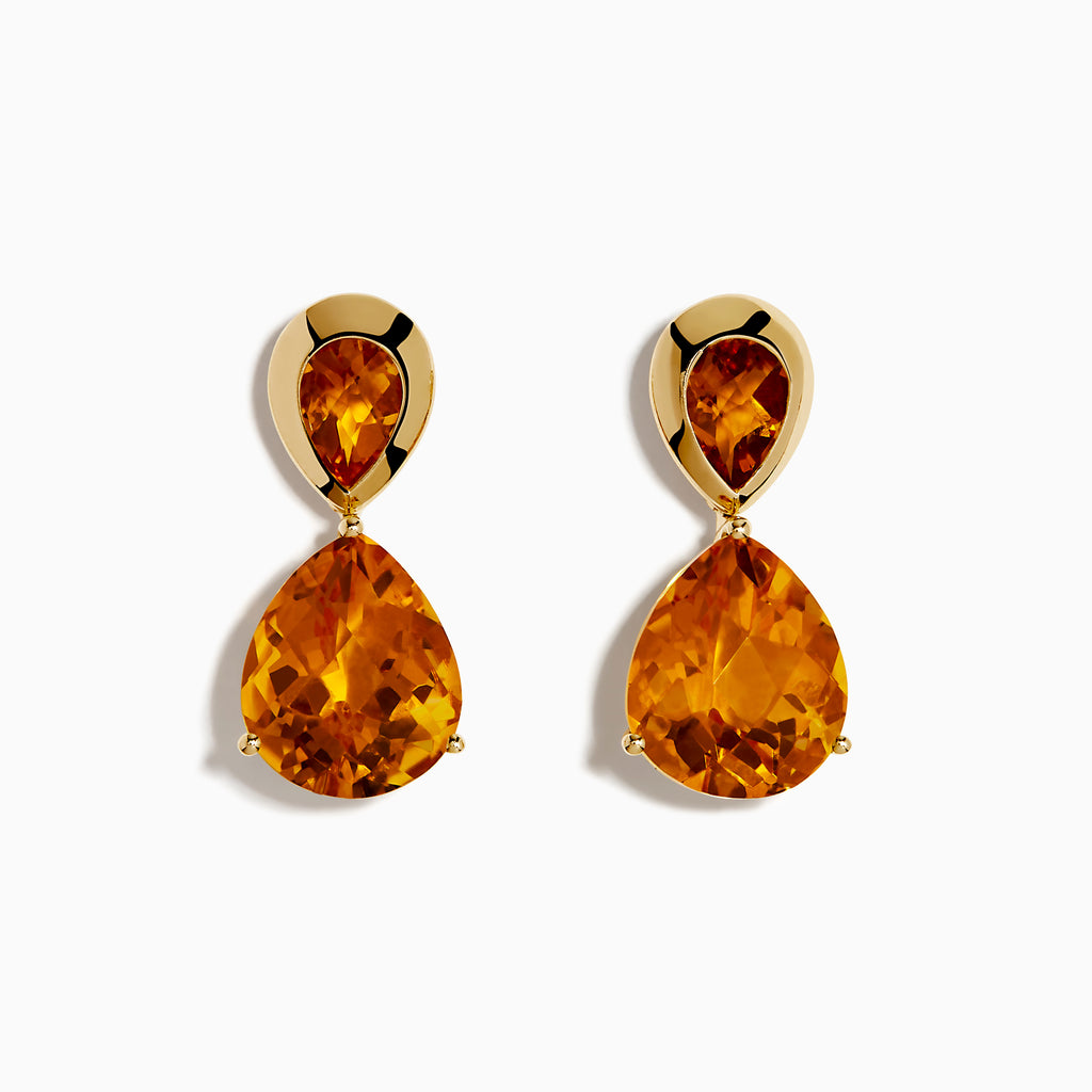 The Sunset 14K Yellow Gold Citrine Drop Earrings feature large teardrop-shaped orange citrine stones with smaller matching gems above, all set against a white background.