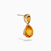 The Sunset 14K Yellow Gold Citrine Drop Earrings feature large teardrop-shaped orange citrine stones with smaller matching gems above, all set against a white background.