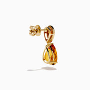 The Sunset 14K Yellow Gold Citrine Drop Earrings feature large teardrop-shaped orange citrine stones with smaller matching gems above, all set against a white background.