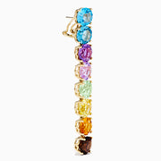 The Mosaic 14K Yellow Gold Multi Semi Precious Gemstone Linear Drop Earrings showcase a vertical row of gems in a blue-to-brown rainbow gradient, creating an eye-catching look.