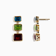 Mosaic 14K yellow gold earrings featuring vertically arranged square-cut blue topaz, garnet, peridot, and diamond drops are displayed against a white background.
