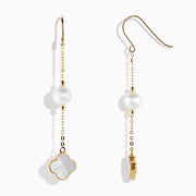 14K Yellow Gold Earrings showcase a round cultured pearl and a four-leaf clover-shaped white mother-of-pearl charm, set against a white background.