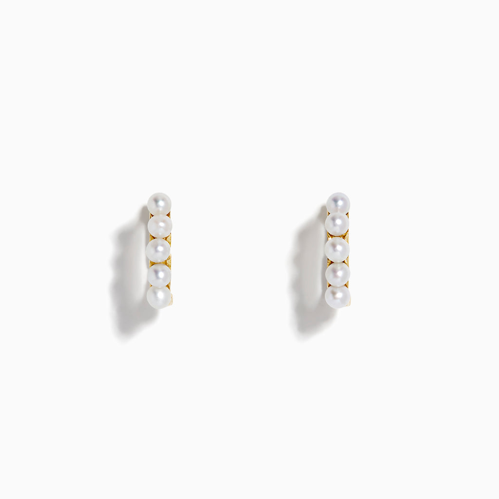 The 14K Yellow Gold Cultured Fresh Water Pearl Huggie Earrings each feature a vertical row of five small pearls and are shown against a plain white background.