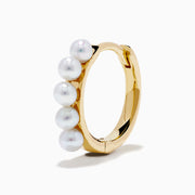 The 14K Yellow Gold Cultured Fresh Water Pearl Huggie Earrings each feature a vertical row of five small pearls and are shown against a plain white background.