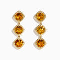 14K Yellow Gold Citrine Linear Drop Earrings feature three square, faceted citrine gemstones in each earring, set in textured gold frames and displayed on a white background.