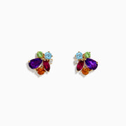 The Mosaic 14K Yellow Gold Multi Gemstone and Diamond Earrings feature a clustered floral design with vibrant purple, red, blue, green, and orange stones set against a white background.