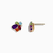 The Mosaic 14K Yellow Gold Multi Gemstone and Diamond Earrings feature a clustered floral design with vibrant purple, red, blue, green, and orange stones set against a white background.