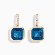 14K Yellow Gold Blue Topaz and Diamond Bezel-Set Drop Earrings