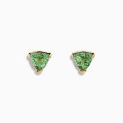 14K Yellow Gold Green Amethyst Stud Earrings featuring triangular green amethyst gemstones in 14K yellow gold prongs, shown on a plain white background.