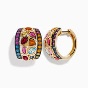 Mosaic 14K Yellow Gold Multi Color Gemstone and Diamond Earrings featuring blue, red, yellow, orange, and pink stones set in intricate patterns on a white background.