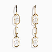 The 14K Yellow Gold Fresh Water Pearl Chain Link Earrings feature freshwater pearls set in the top and bottom links, crafted from 14K yellow gold and shown against a white background.