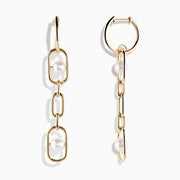 The 14K Yellow Gold Fresh Water Pearl Chain Link Earrings feature freshwater pearls set in the top and bottom links, crafted from 14K yellow gold and shown against a white background.