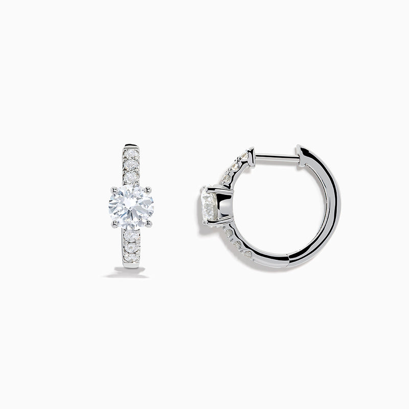 Lab Grown Diamond Round Huggie Earrings in 14K White Gold, featuring a central round diamond with vertical rows of smaller diamonds, displayed on a plain white background.