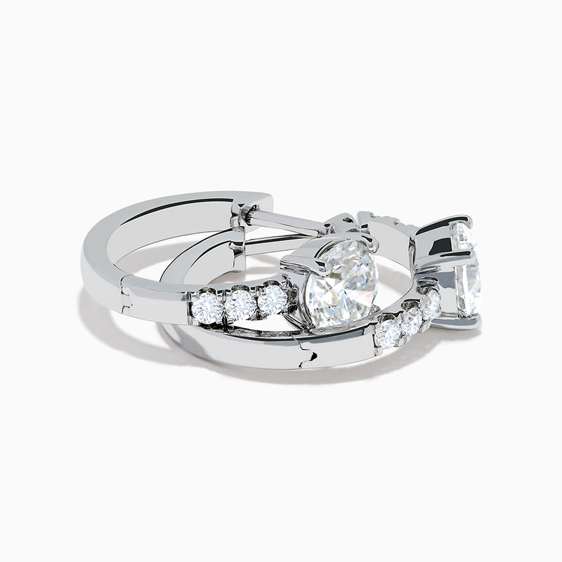 Lab Grown Diamond Round Huggie Earrings in 14K White Gold, featuring a central round diamond with vertical rows of smaller diamonds, displayed on a plain white background.