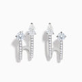 Lab Grown Diamond Cuff Earrings in 14K White Gold, featuring vertical rows of small diamonds and topped with round and pear-shaped clear gemstones, shown on a white background.