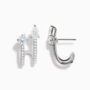 Lab Grown Diamond Cuff Earrings in 14K White Gold, featuring vertical rows of small diamonds and topped with round and pear-shaped clear gemstones, shown on a white background.