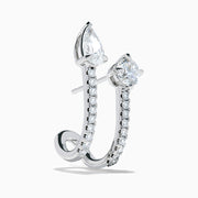 Lab Grown Diamond Cuff Earrings in 14K White Gold, featuring vertical rows of small diamonds and topped with round and pear-shaped clear gemstones, shown on a white background.