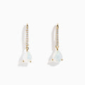 Aurora 14K Yellow Gold Opal and Diamond Dangle Earrings feature teardrop opals hanging from curved hooks with round diamonds, shown on a white background.