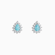 18K White Gold GIA Certified Paraiba Tourmaline and Diamond Halo Earrings featuring teardrop-shaped blue gemstones encircled by sparkling diamonds, shown on a white background.