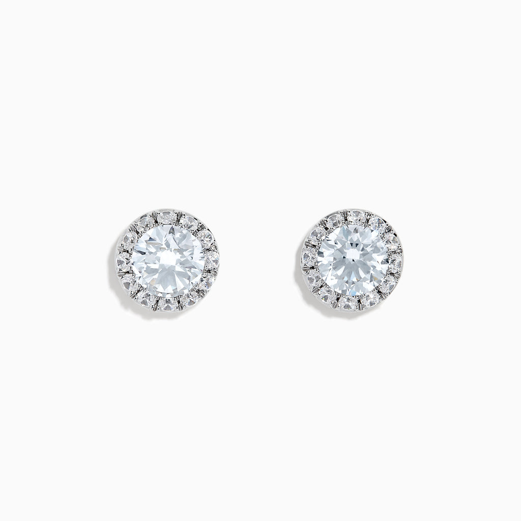 A pair of 14K White Gold Lab Grown Diamond Earrings with a central round diamond and a halo of smaller lab grown diamonds, set against a white background.
