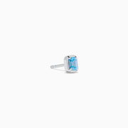 Lab Grown Blue Diamond Emerald Cut Solitaire Stud Earrings in 14K White Gold, each showcasing a stunning lab grown blue diamond in a classic, minimalist setting and presented on a plain white background.