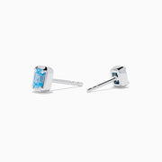 Lab Grown Blue Diamond Emerald Cut Solitaire Stud Earrings in 14K White Gold, each showcasing a stunning lab grown blue diamond in a classic, minimalist setting and presented on a plain white background.