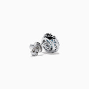 Lab Grown Blue Diamond Halo Stud Earrings in 14K White Gold feature round lab grown blue diamonds encircled by halos of white diamonds, set in a circular design on a white background.
