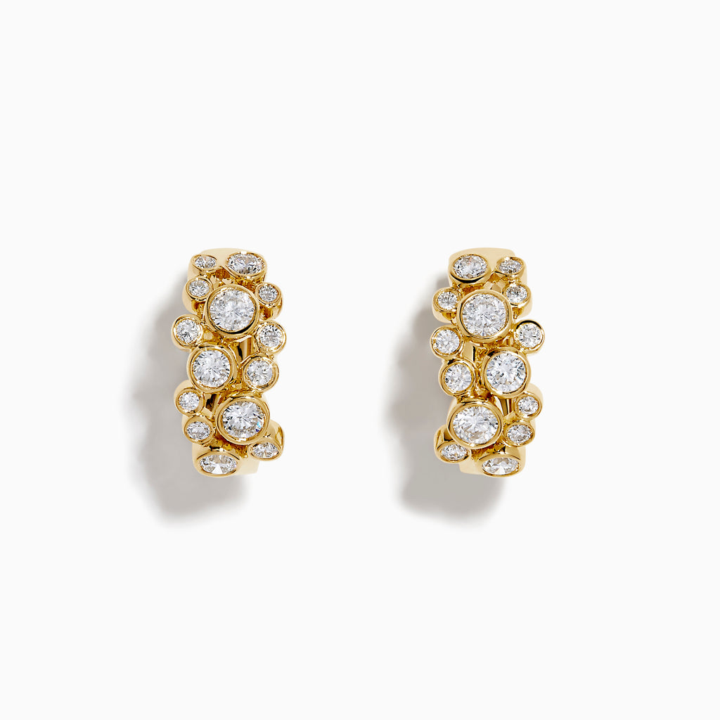 Lab Grown Round Diamond 1.13ct Bubble Hoop Earrings in 14K Yellow Gold featuring multiple round diamonds in a clustered design, shown against a white background.