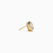 Lab Grown Oval Diamond 2.50ct Bezel Stud Earrings in 14K Yellow Gold, shown against a white background.