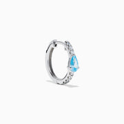 Lab Grown Blue and White Diamond Hoop Earrings in 14K White Gold, each with a teardrop-shaped blue gemstone and sparkling lab grown diamonds along the hoops, shown against a white background.