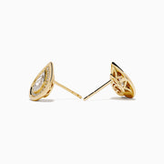 Lab Grown Pear Diamond 1.10ct Halo Stud Earrings in 14K Yellow Gold, featuring teardrop-shaped central pear diamonds surrounded by a halo of small round diamonds, displayed on a white background.