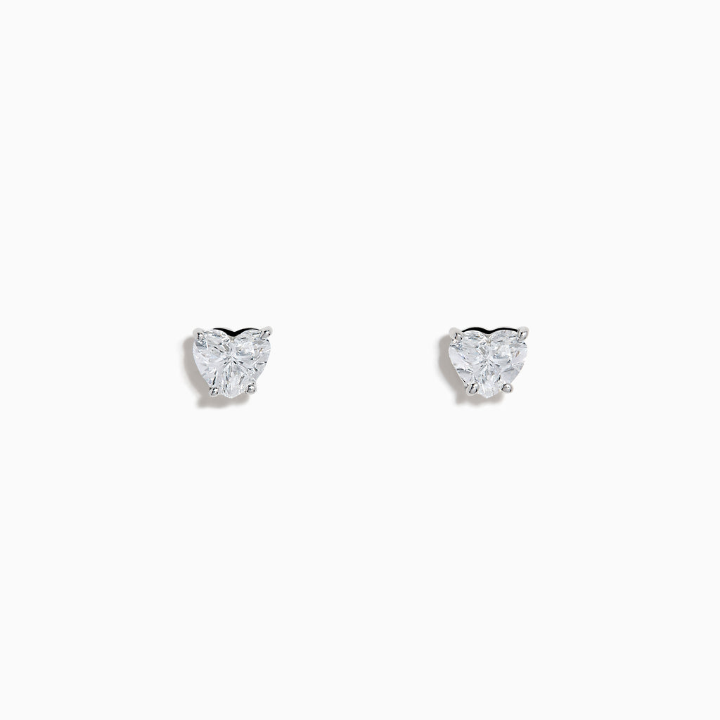 Lab Grown Diamond Heart Shaped 0.98ct Stud Earrings in 14K White Gold, featuring sparkling lab grown diamonds in heart-shaped settings, are displayed on a white background.