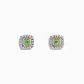 The 18K Two Tone Gold AGL Certified Natural Green and White Diamond Stud Earrings feature a square design with a green diamond center, two rows of clear diamonds, in silver and gold setting, shown on a white background.