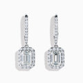 The Lab Grown Diamond Emerald Cut Dangle Earrings in 14K White Gold showcase emerald cut lab grown centers with a halo of round diamonds and diamond-encrusted hooks, elegantly presented against a white background.