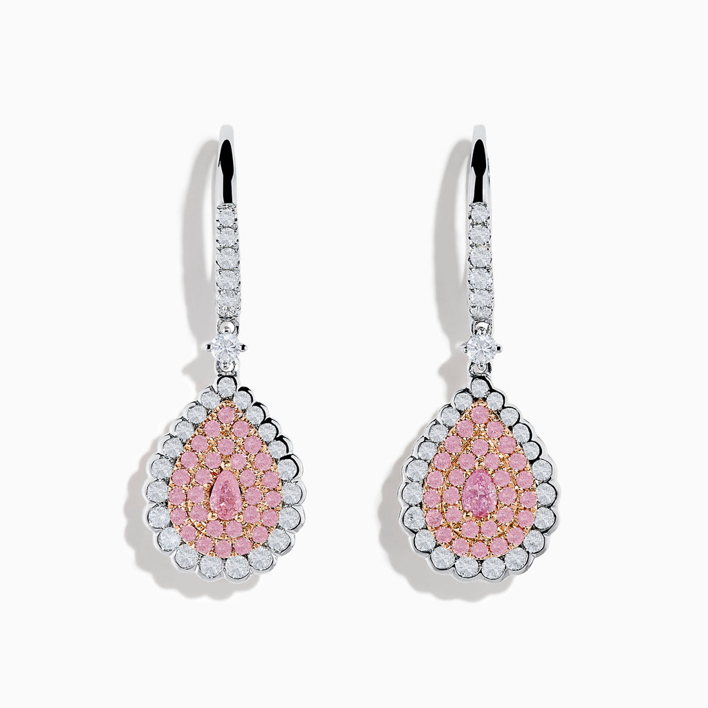 The 18K Two Tone White and Pink Diamond Drop Earrings feature a teardrop shape with pink gemstones, encircled by white diamonds and set in white metal with diamond-accented hooks, elegantly displayed against a white background.