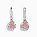 The 18K Two Tone White and Pink Diamond Drop Earrings feature a teardrop shape with pink gemstones, encircled by white diamonds and set in white metal with diamond-accented hooks, elegantly displayed against a white background.