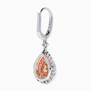 The 18K Two Tone White and Pink Diamond Drop Earrings feature a teardrop shape with pink gemstones, encircled by white diamonds and set in white metal with diamond-accented hooks, elegantly displayed against a white background.