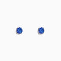 14K White Gold Tanzanite Stud Earrings featuring round blue gemstones in white gold prongs are displayed against a plain white background.