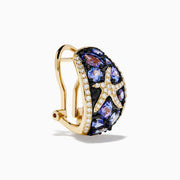 14K Yellow Gold Tanzanite & Diamond Starfish Earrings, featuring sparkling white diamonds and oval tanzanite gemstones, displayed on a white background.