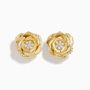14K Yellow Gold Diamond Brushed Rose Flower Clip-On Earrings featuring petal details and sparkling diamond clusters in the center and on the petals, shown against a white background.