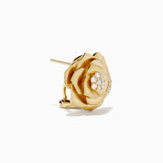 14K Yellow Gold Diamond Brushed Rose Flower Clip-On Earrings featuring petal details and sparkling diamond clusters in the center and on the petals, shown against a white background.