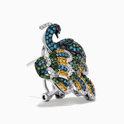 The 14K White Gold Multi Color Diamond and Ruby Peacock Earrings feature ornate peacock designs with blue, green, yellow, and clear gemstones and ruby eyes, elegantly displayed on a white background.