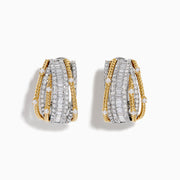 14K Two Tone Gold Diamond Crossover Clip-On Earrings showcasing multiple rows of small rectangular and round diamonds with interwoven gold and silver bands, displayed on a white background.