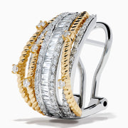 14K Two Tone Gold Diamond Crossover Clip-On Earrings showcasing multiple rows of small rectangular and round diamonds with interwoven gold and silver bands, displayed on a white background.