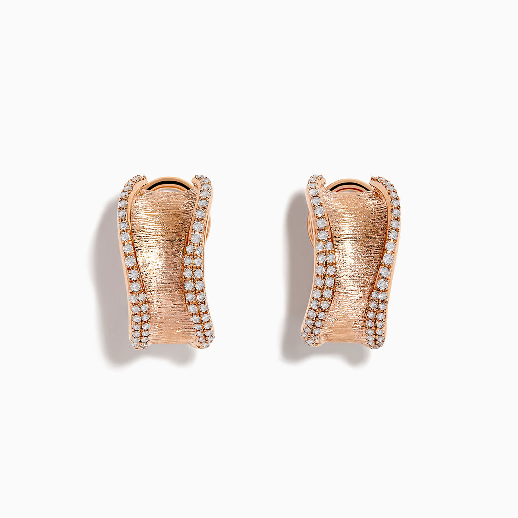 Pave Rose 14k Rose Textured Gold 5/8 French Clip Diamond Earrings feature a brushed finish and sparkling diamond borders, shown against a white background.